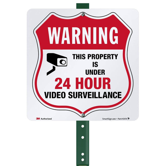 SmartSign 10" x 10" 'Warning - This Property Is Under 24 Hour Video Surveillance' Yard Sign with 3 ft Stake, 40 mil Aluminum 3M Laminated Engineer Grade Reflective, Red/Black/White 10" x 10" Reflective Aluminum Sign with 3' Stake