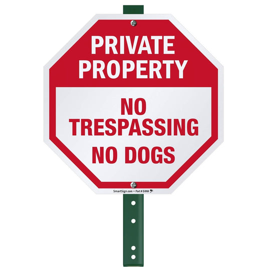 SmartSign 10 x 10 inch “Private Property - No Trespassing, No Dogs” Octagon Yard Sign with 3 foot Stake, 40 mil Laminated Rustproof Aluminum, Red and White, Set of 1