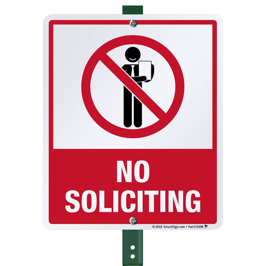 SmartSign 12 x 10 inch “No Soliciting” Yard Sign with 3 foot Stake, 40 mil Laminated Rustproof Aluminum, Red, Black and White, Set of 1