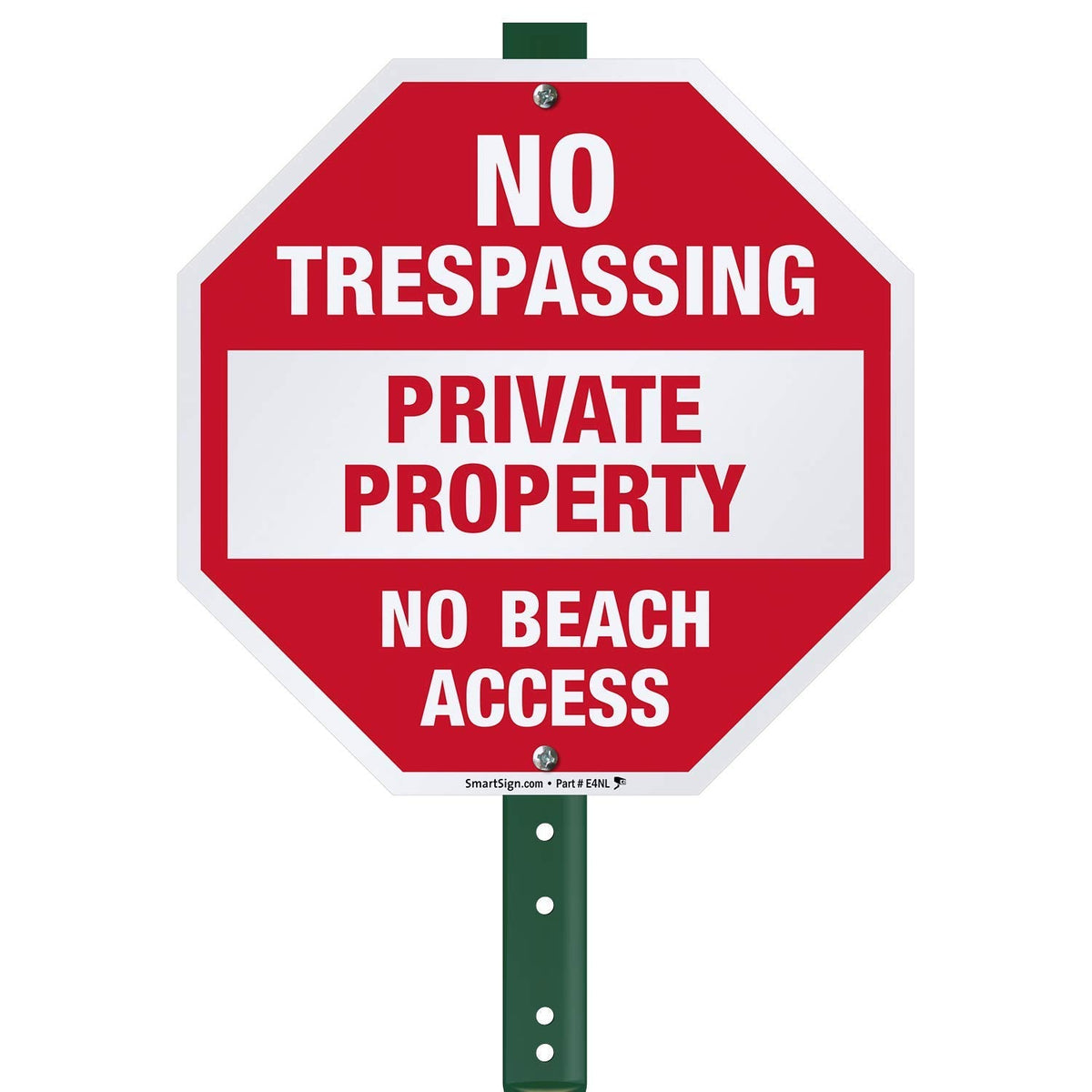 SmartSign 10 x 10 inch “No Trespassing - Private Property, No Beach Access” Octagon Yard Sign with 3 foot Stake, 40 mil Laminated Rustproof Aluminum, Red and White, Set of 1