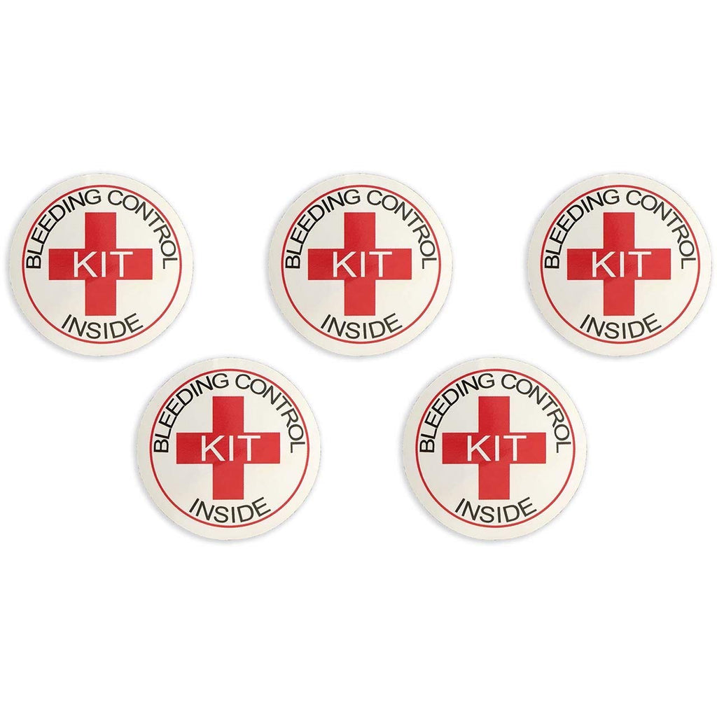 Set of five Rescue Essentials bleeding control designation stickers, medication labels with clear emergency identification.