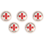 Set of five Rescue Essentials bleeding control designation stickers, medication labels with clear emergency identification.