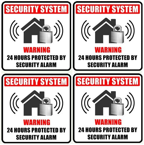 Outdoor/Indoor (4 Pack) 4" X 4" Home Business Security Burglar Alarm System Window Door Warning Sign Vinyl Label Sticker Decals - Back Self Adhesive Vinyl