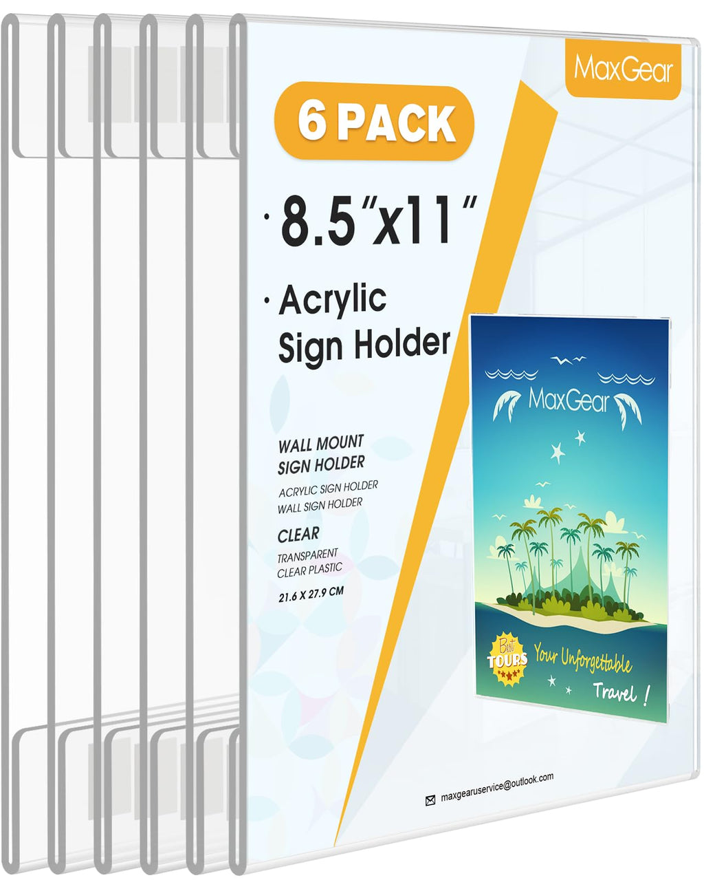 MaxGear Acrylic Sign Holder 8.5 x 11 Wall Mount, 6 Pack, Vertical 8.5"x11"-6Pack Adhesive Mount