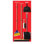 Red and white Clean & Sweep 5S shadow board with broom, dustpan set, wall mount, made in the USA by Accuform, 68" x 30".