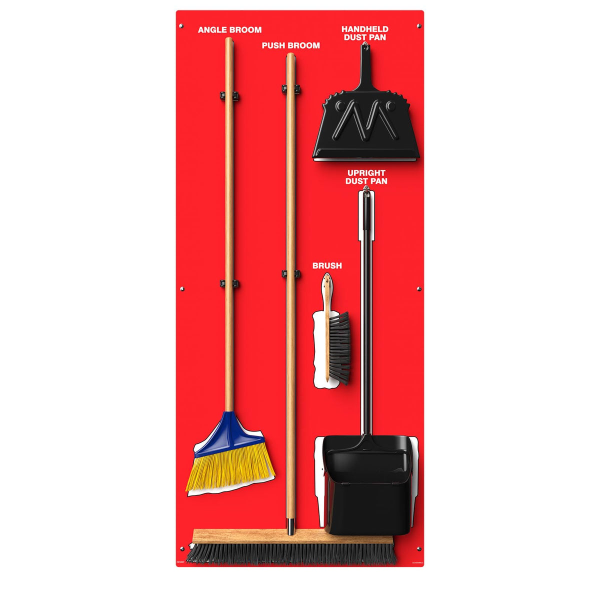 Red and white Clean & Sweep 5S shadow board with broom, dustpan set, wall mount, made in the USA by Accuform, 68" x 30".