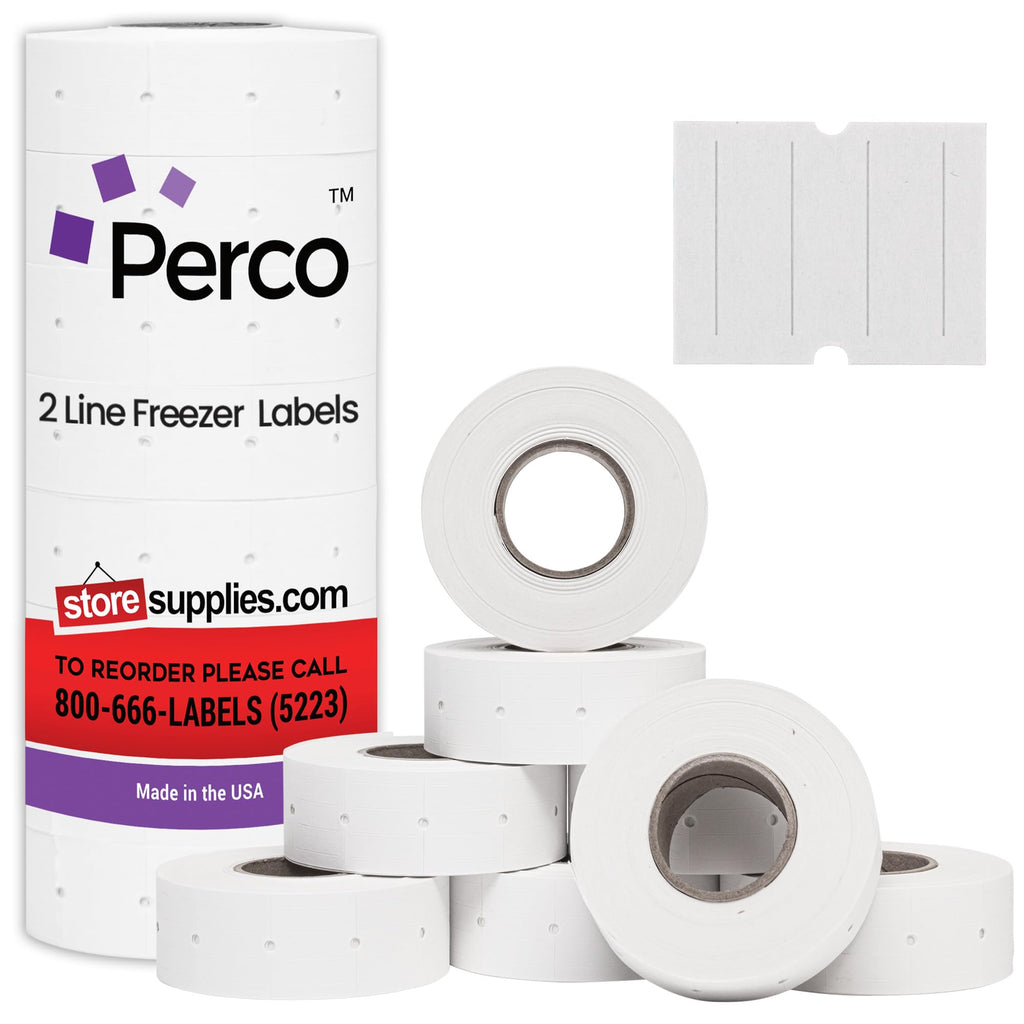 Perco 2 Line Freezer Adhesive Labels - 6,000 Blank Price and Date Gun Labels for Perco 2 Line Price and Date Guns - 8 Rolls, 1 Sleeve - Made in USA