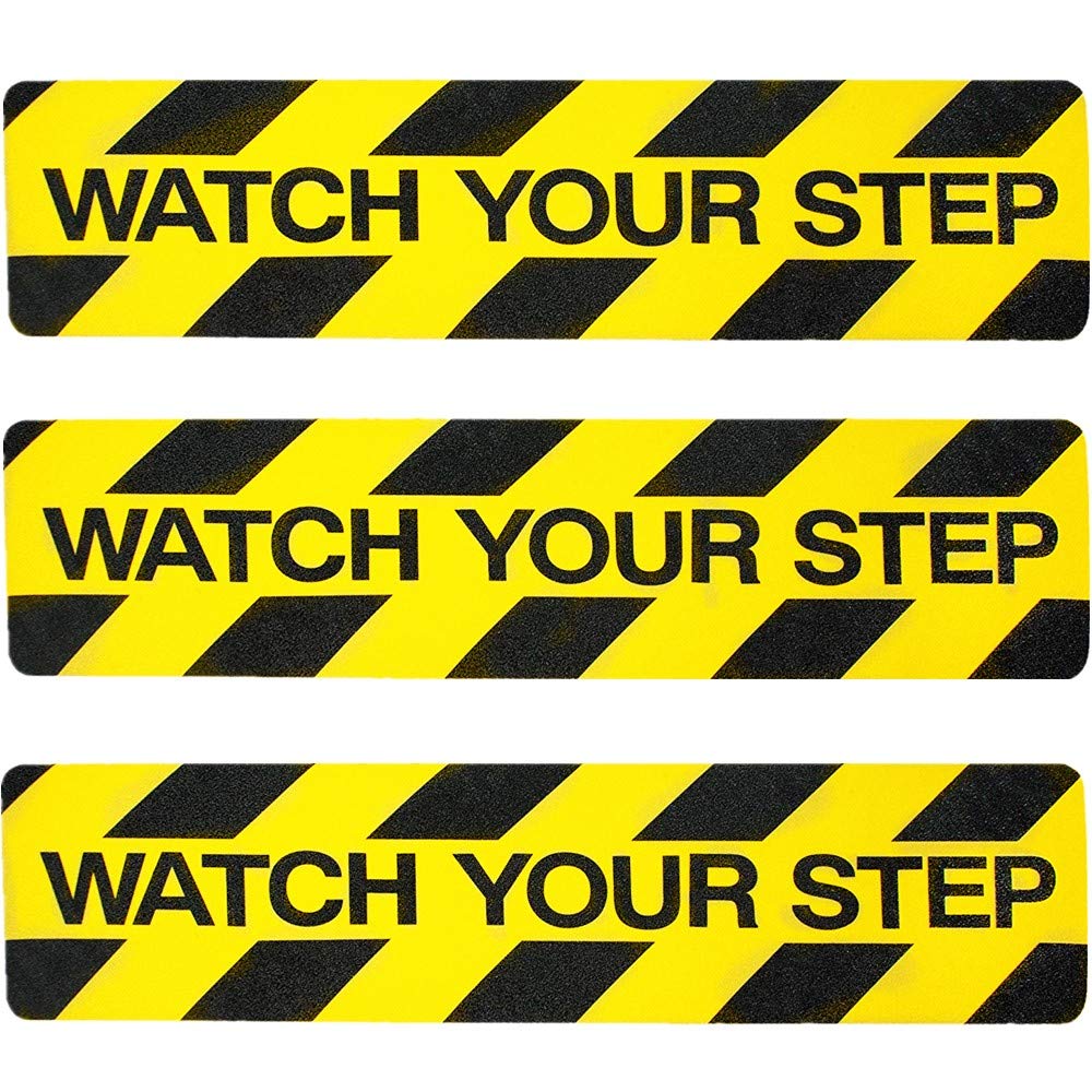3-Pack Watch Your Step Sticker Sign Stair 6 x 24 Inch Caution Watch Your Step Floor Decals Warning Sticker Adhesive Tape Anti Slip Abrasive Tape for Workplace Safety Wet Floor Caution