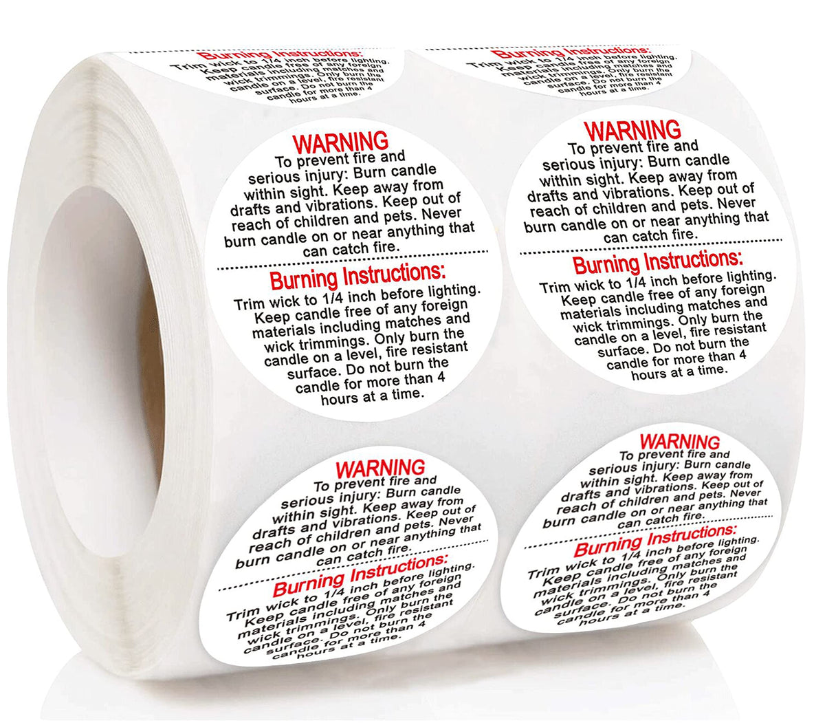 Set of 500 waterproof candle warning labels for candle jars, tins, and votives, featuring 1.5-inch candle safety sticker decals by Pop Resin.