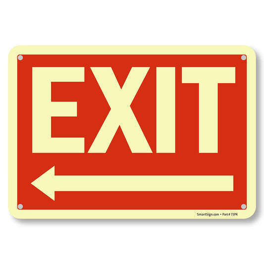 SmartSign "Exit" Sign with Left Arrow | 7" x 10" Glow-in-the-Dark Aluminum, Made in USA