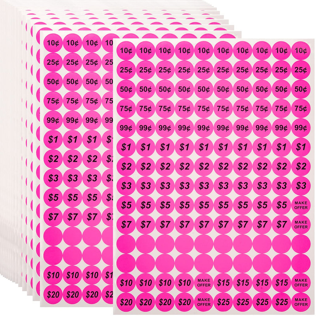 Pink Anronal 2520 count round garage sale pricing stickers with removable adhesive and preprinted prices, 3/4 inch diameter.