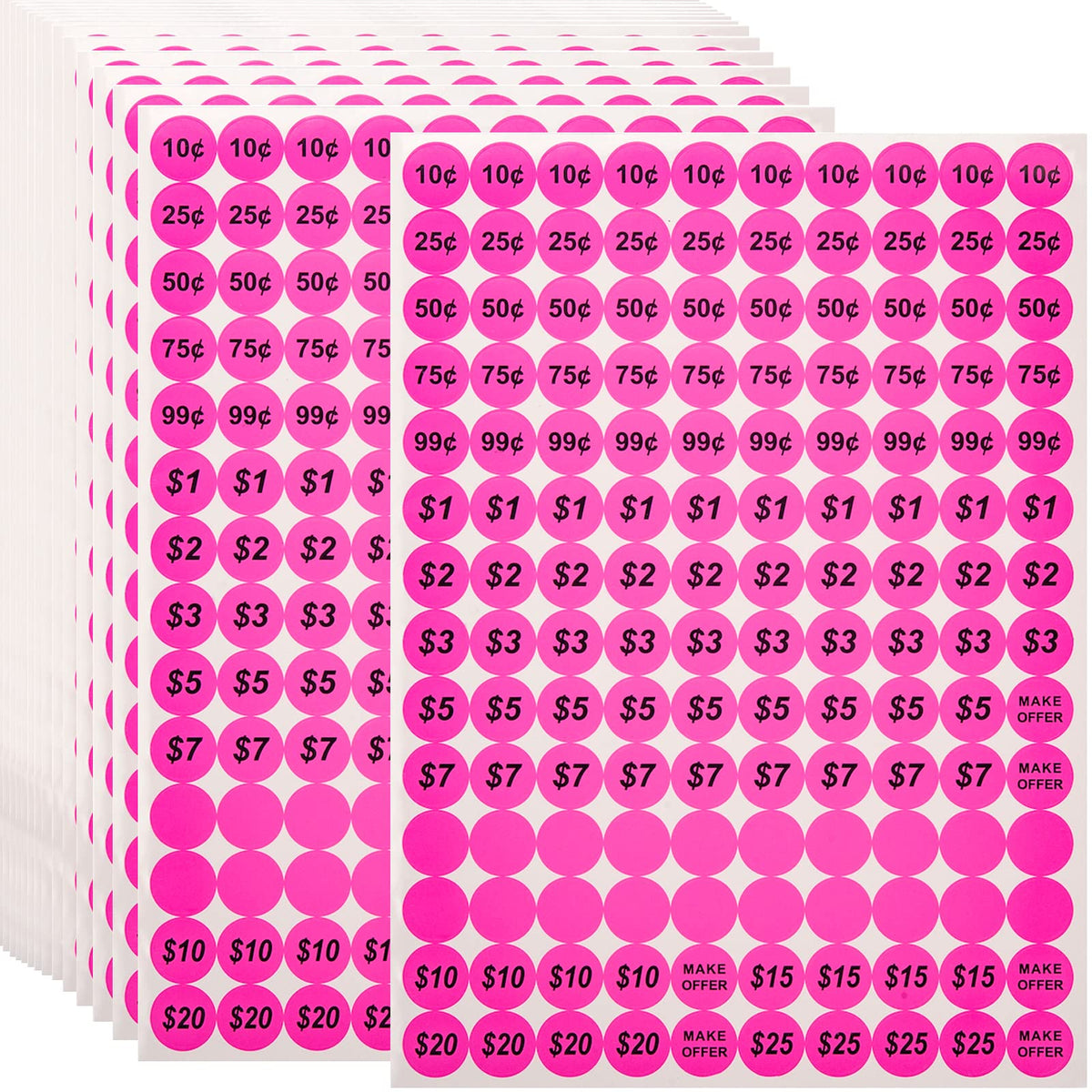 Pink Anronal 2520 count round garage sale pricing stickers with removable adhesive and preprinted prices, 3/4 inch diameter.