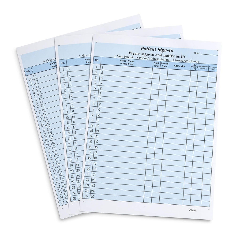 Blue Summit Supplies 25 patient sign-in forms with peel-away adhesive labels, carbonless, HIPAA compliant for medical and dental offices.