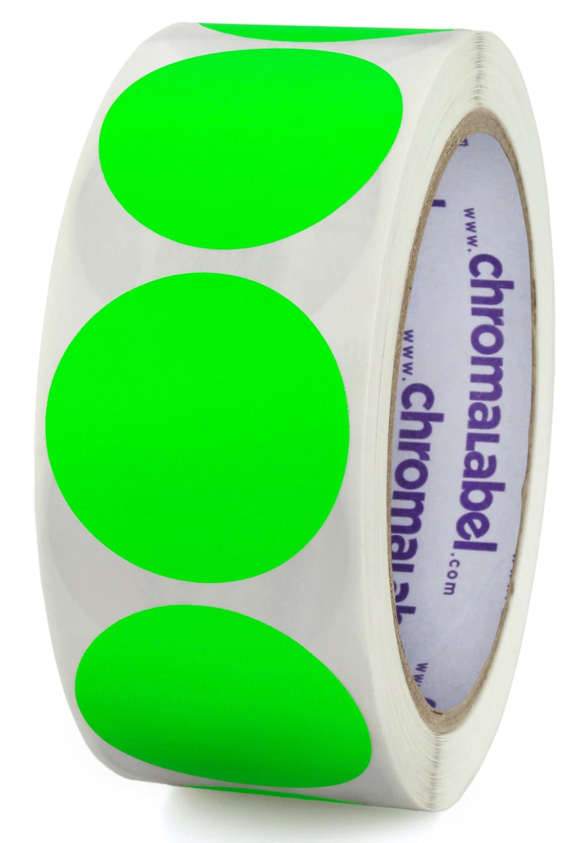 ChromaLabel fluorescent green 1.50-inch round removable color code dot stickers for inventory labeling, 500 labels per roll.