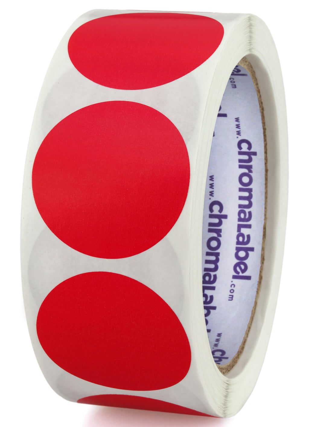 Red ChromaLabel 1.50 inch round removable color code dot stickers, inventory labels on a roll, 500 per roll, for organization.