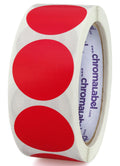 Red ChromaLabel 1.50 inch round removable color code dot stickers, inventory labels on a roll, 500 per roll, for organization.