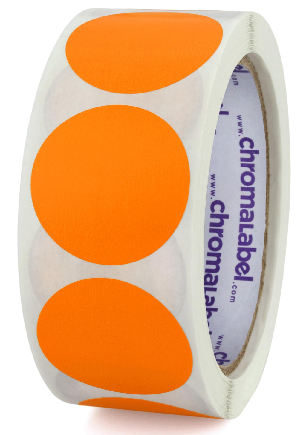 Orange ChromaLabel 1.50 inch round removable color code dot stickers for inventory labeling, shown on a roll.
