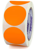 ChromaLabel 2-inch orange round removable color code dot stickers for inventory labeling, shown on a roll of 500 labels.