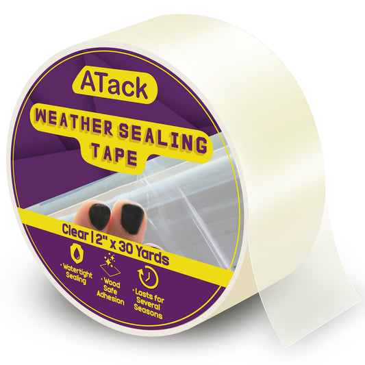 ATack Transparent Window Weather Sealing Tape, 2-Inch x 30 Yards, Clear Window Draft Isolation Sealing Film Tape- No Residue, Surface-Safe, Wood-Safe, Removes Cleanly 2" x 30 Yards (Single Pack)