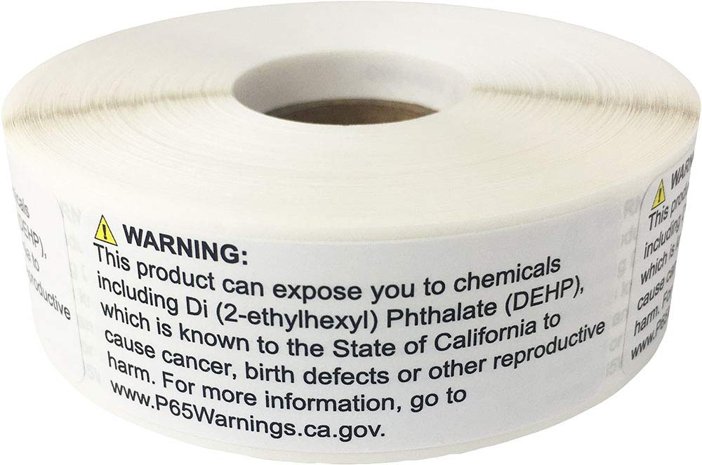 All-purpose labels  featuring Prop 65 DEHP hazard warning symbols on white adhesive labels.