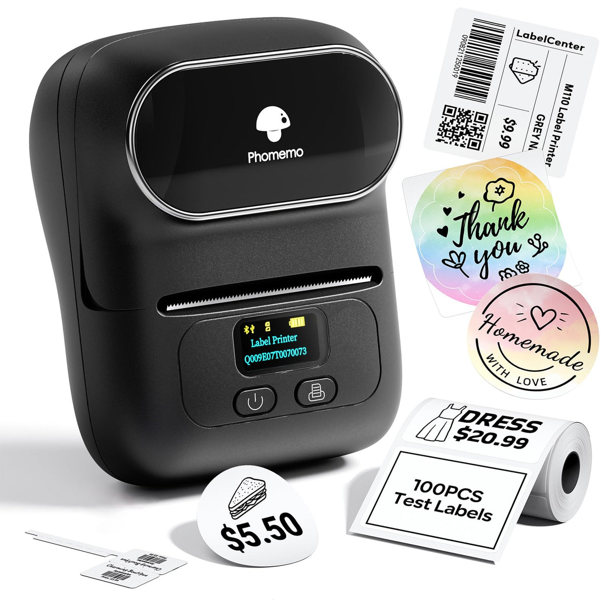 Phomemo M110 Label Makers, Portable Bluetooth Thermal Printer with Display Black 1 Printer + 1 Roll Label