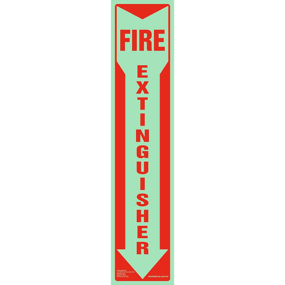 Fire Extinguisher Signs Glow in The Dark 2-pk., 3" x 13.5" Permanent Self Adhesive Vinyl with Rounded Corners, ASTM, DIN, ISO, IMO RES A.752(18), PSPA Compliant, J. J. Keller & Associates, Inc.