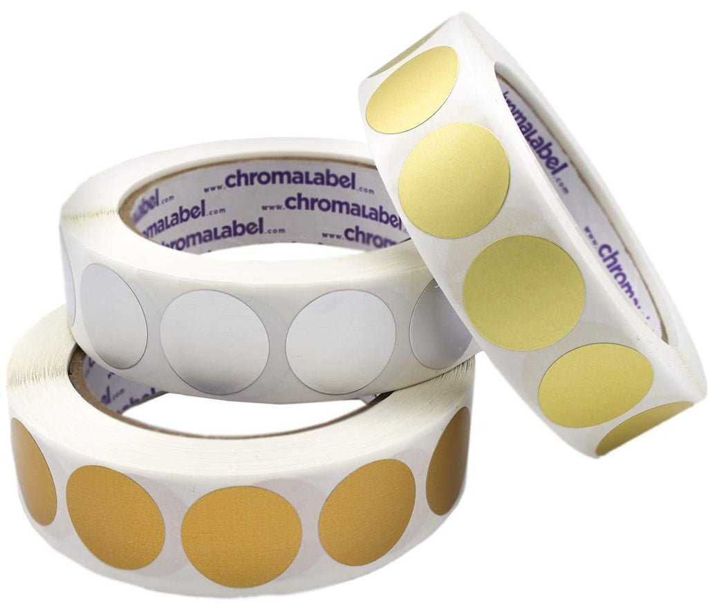 ChromaLabel 1-inch metallic color code dot stickers in gold, silver, and bronze on a roll for color-coding and labeling.