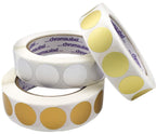 ChromaLabel 1-inch metallic color code dot stickers in gold, silver, and bronze on a roll for color-coding and labeling.