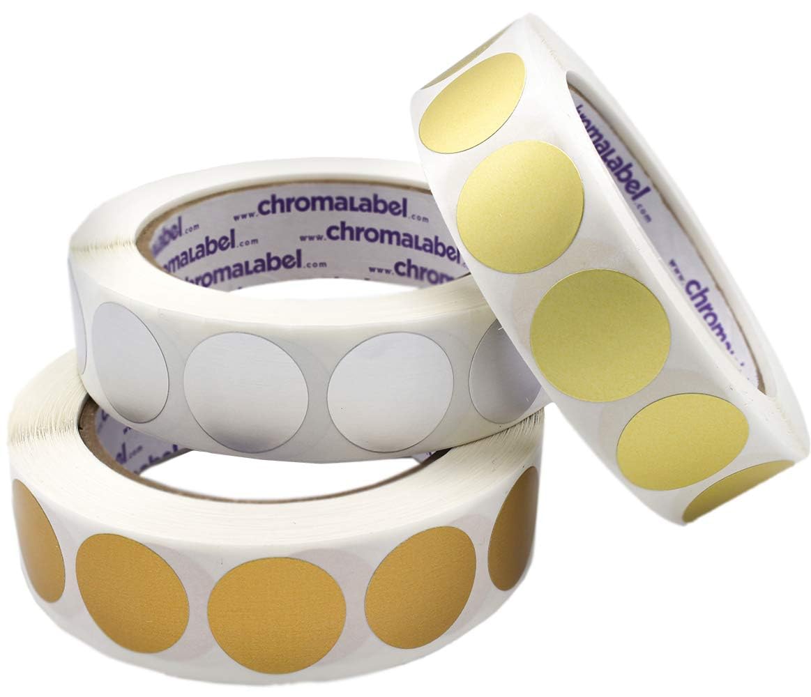 ChromaLabel 1-inch metallic color code dot stickers in gold, silver, and bronze on a roll for color-coding and labeling.