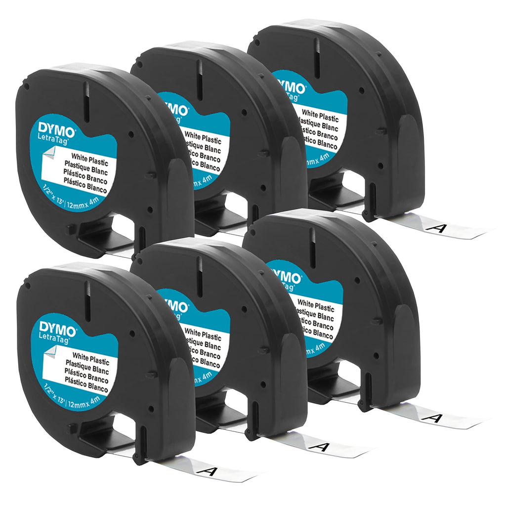 DYMO Authentic LT Plastic Labeling Tape for LetraTag Label Makers, 1/2" (12mm), Black Print On White Tape, 6-Pack Plastic Black on White Powder Coated 6 Count (6 Packs of 1)