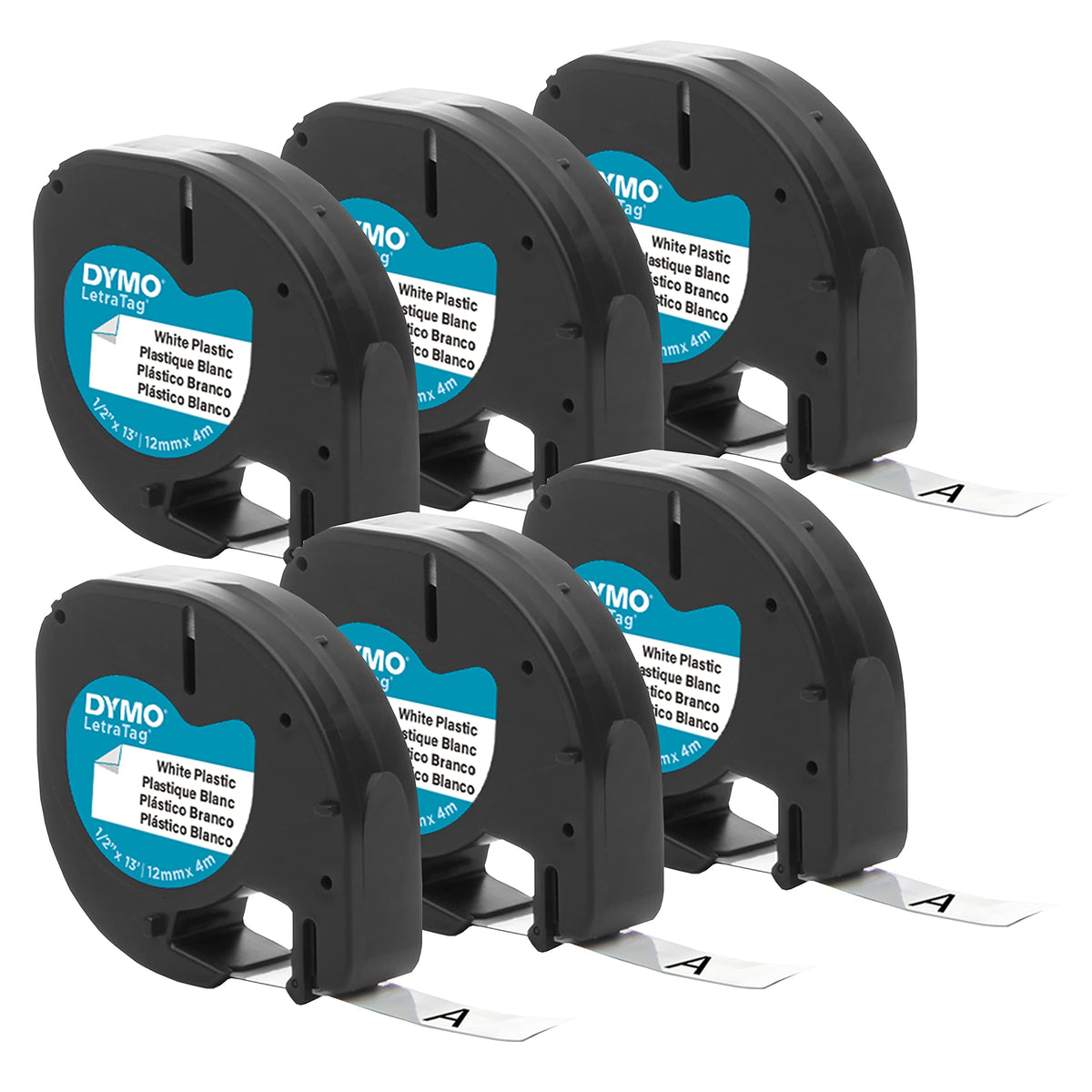 DYMO Authentic LT Plastic Labeling Tape for LetraTag Label Makers, 1/2" (12mm), Black Print On White Tape, 6-Pack Plastic Black on White Powder Coated 6 Count (6 Packs of 1)