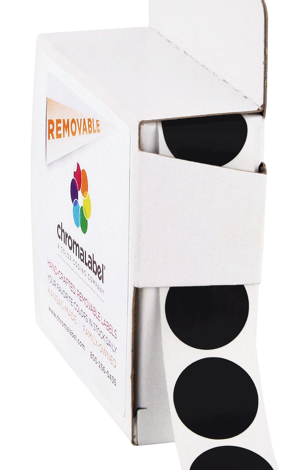 ChromaLabel 0.75-inch round color-coding label stickers in black, removable dot stickers, 1000 per dispenser box.