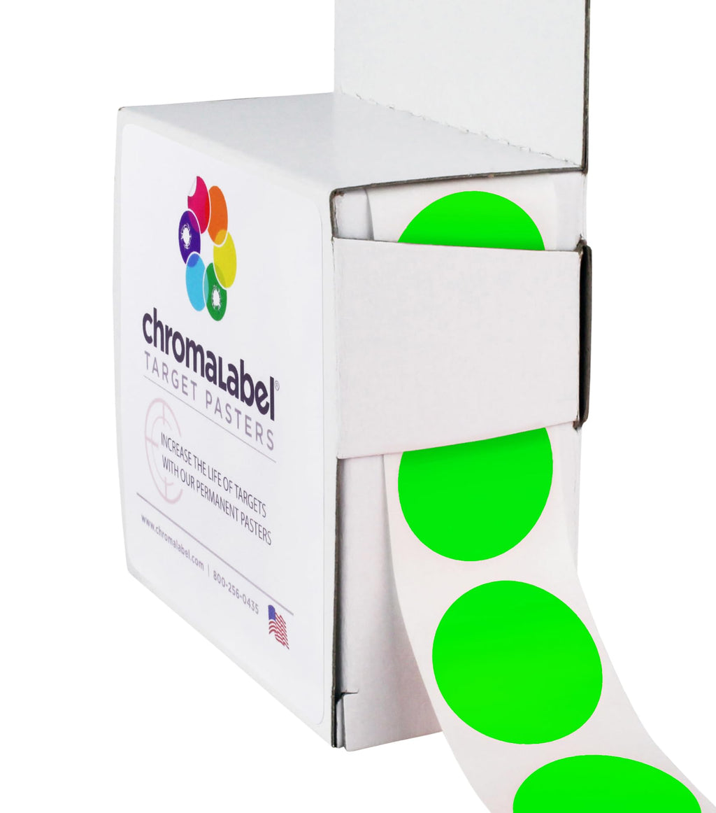 ChromaLabel 1 Inch fluorescent green round target pasters for shooting, 1000 labels per dispenser box, ideal for marksmanship practice.