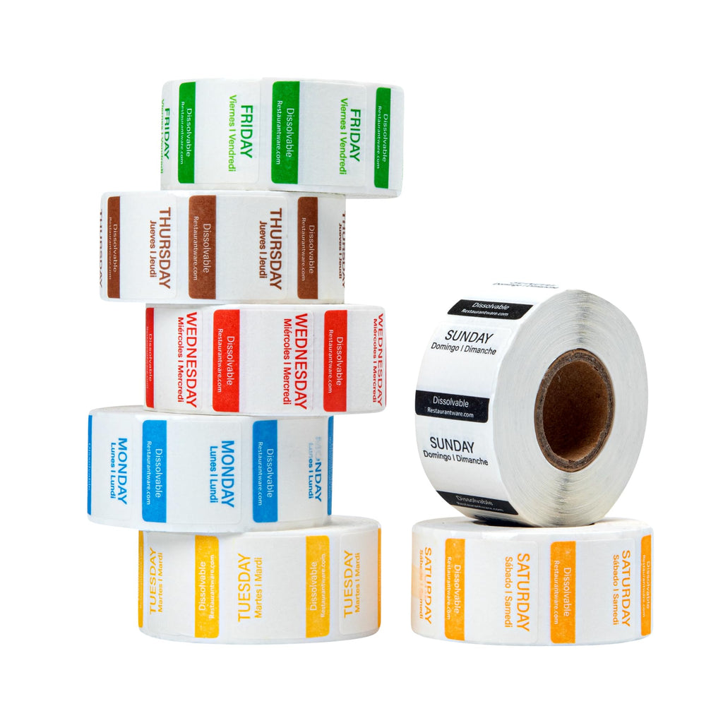 Restaurantware RW Smart 1 Inch x 1 Inch Food Rotation Labels 3500 Dissolvable Food Safety Labels - Premium Trilingual Paper Day Of The Week Labels For Food Storage Or Prep Weekly 7-Day