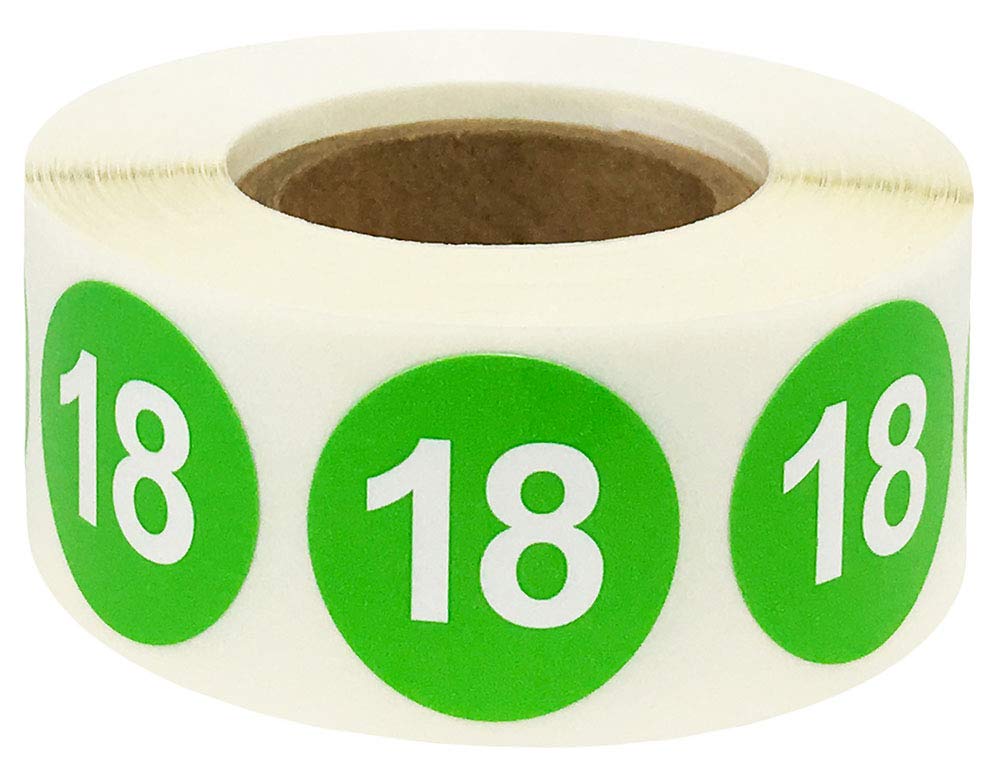 Green number 18 stickers on a roll, 0.75 inch color-coding labels, 500 labels for organization and labeling purposes.