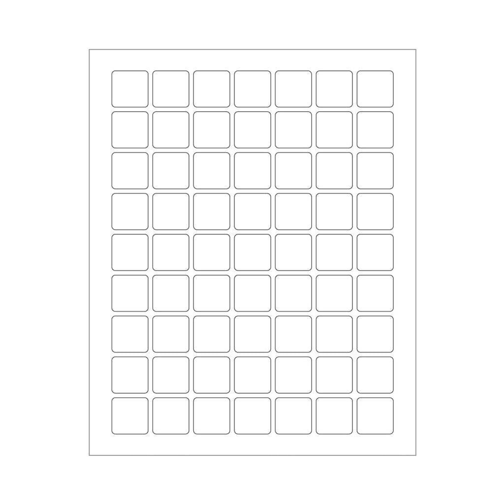 White 1x1 inch printable labels from ChromaLabel on a sheet, designed for laser and inkjet printers with permanent adhesive.