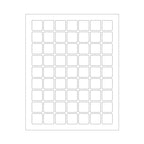 White 1x1 inch printable labels from ChromaLabel on a sheet, designed for laser and inkjet printers with permanent adhesive.