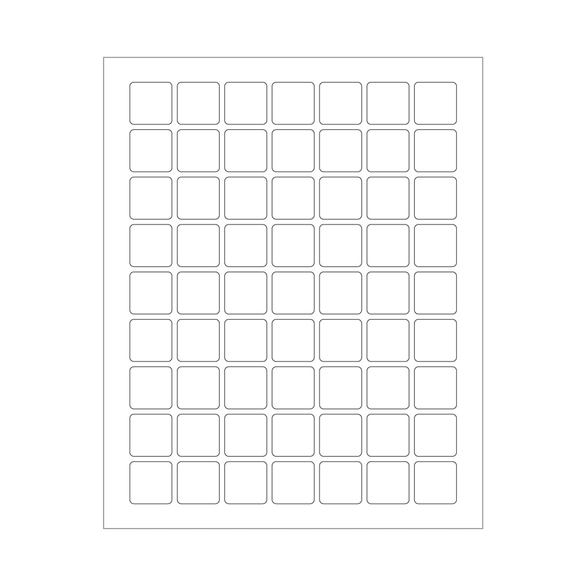 White 1x1 inch printable labels from ChromaLabel on a sheet, designed for laser and inkjet printers with permanent adhesive.