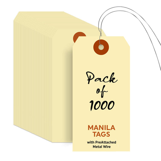 SmartSign Blank Manila Shipping Tags with Wire - Pack of 1000, Size-5, 13pt Thick Prewired Cardstock Tags, 4 3/4" x 2 3/8" (Size-5) Paper Hang Tags with Reinforced Fiber Patch 4 3/4" x 2 3/8" Metal Wires - 1000 Tags