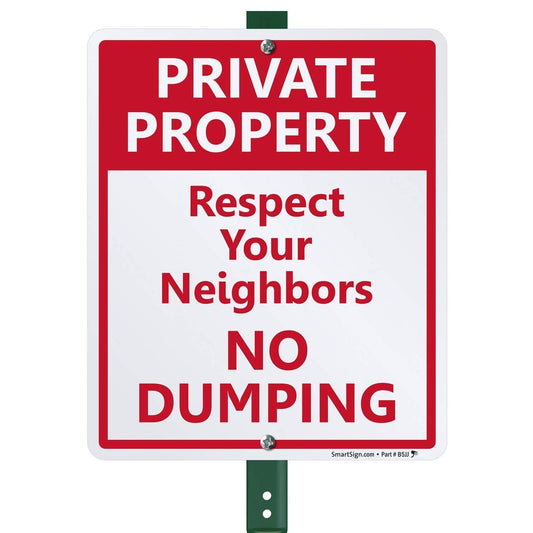 SmartSign 12 x 10 inch “Private Property - Respect Your Neighbors, No Dumping” Yard Sign with 3 foot Stake, 40 mil Laminated Rustproof Aluminum, Red and White, Set of 1