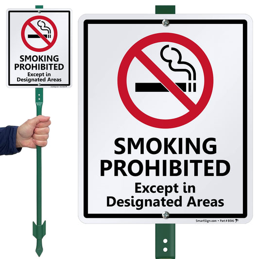 SmartSign 12 x 10 inch “Smoking Prohibited Except In Designated Areas” Yard Sign with 3 foot Stake, 40 mil Laminated Rustproof Aluminum, Red, Black and White, Set of 1