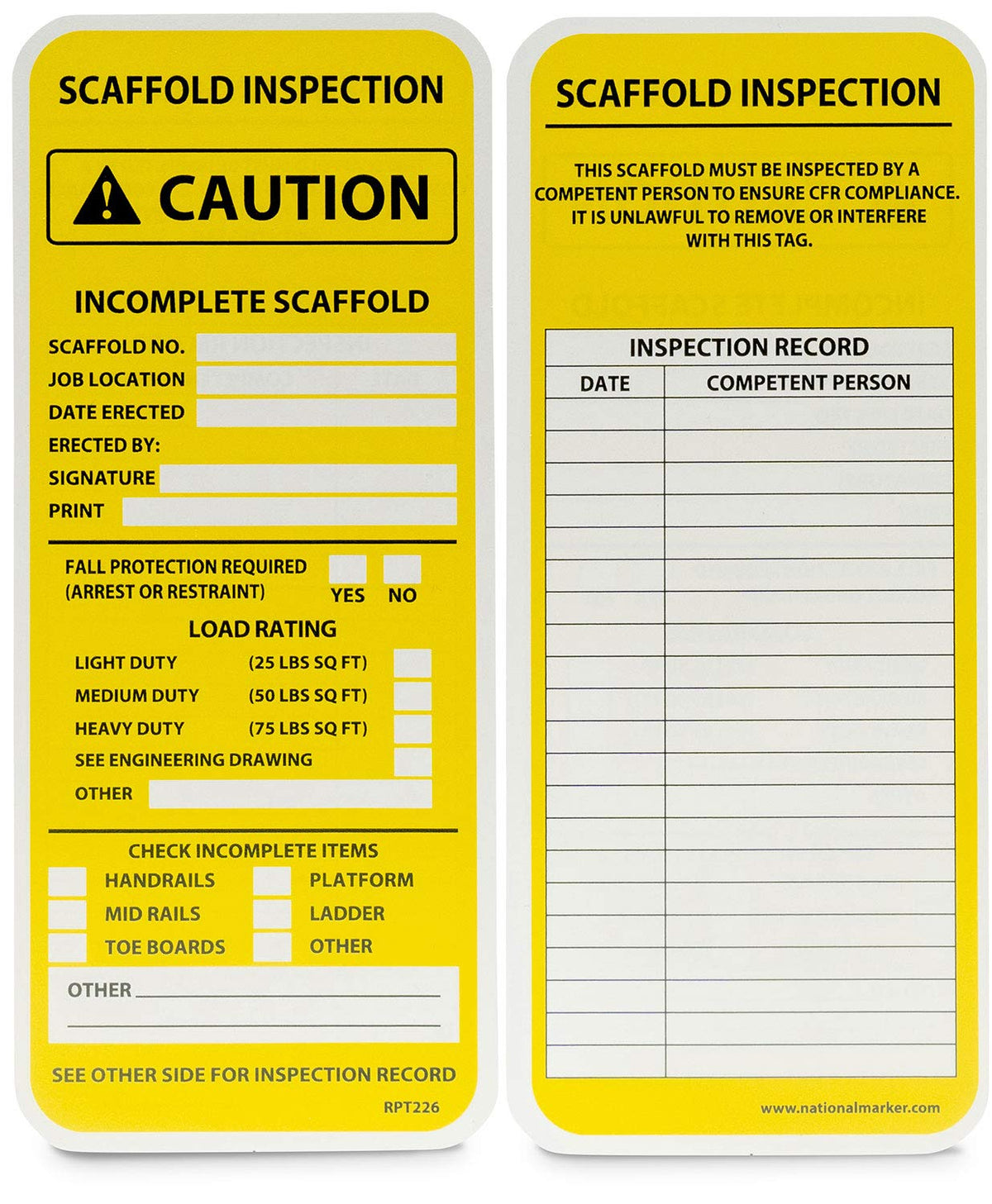 NMC RPT226 Incomplete Scaffold Tag, Yellow