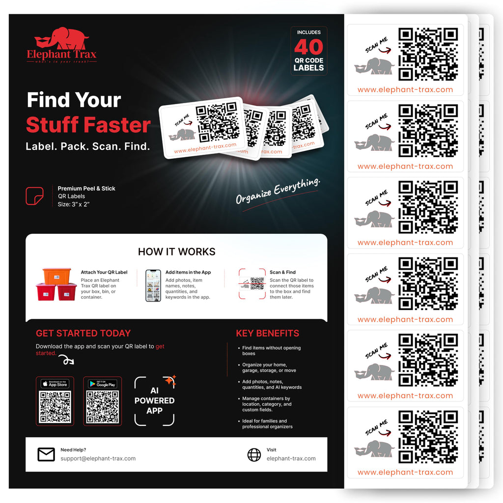 QR Code Labels for Storage Bins – 40 Smart QR Code Stickers, Scannable QR Labels for Tote Bins, Moving Box Labels, Home Organization, Packing Supplies & Inventory Tracking