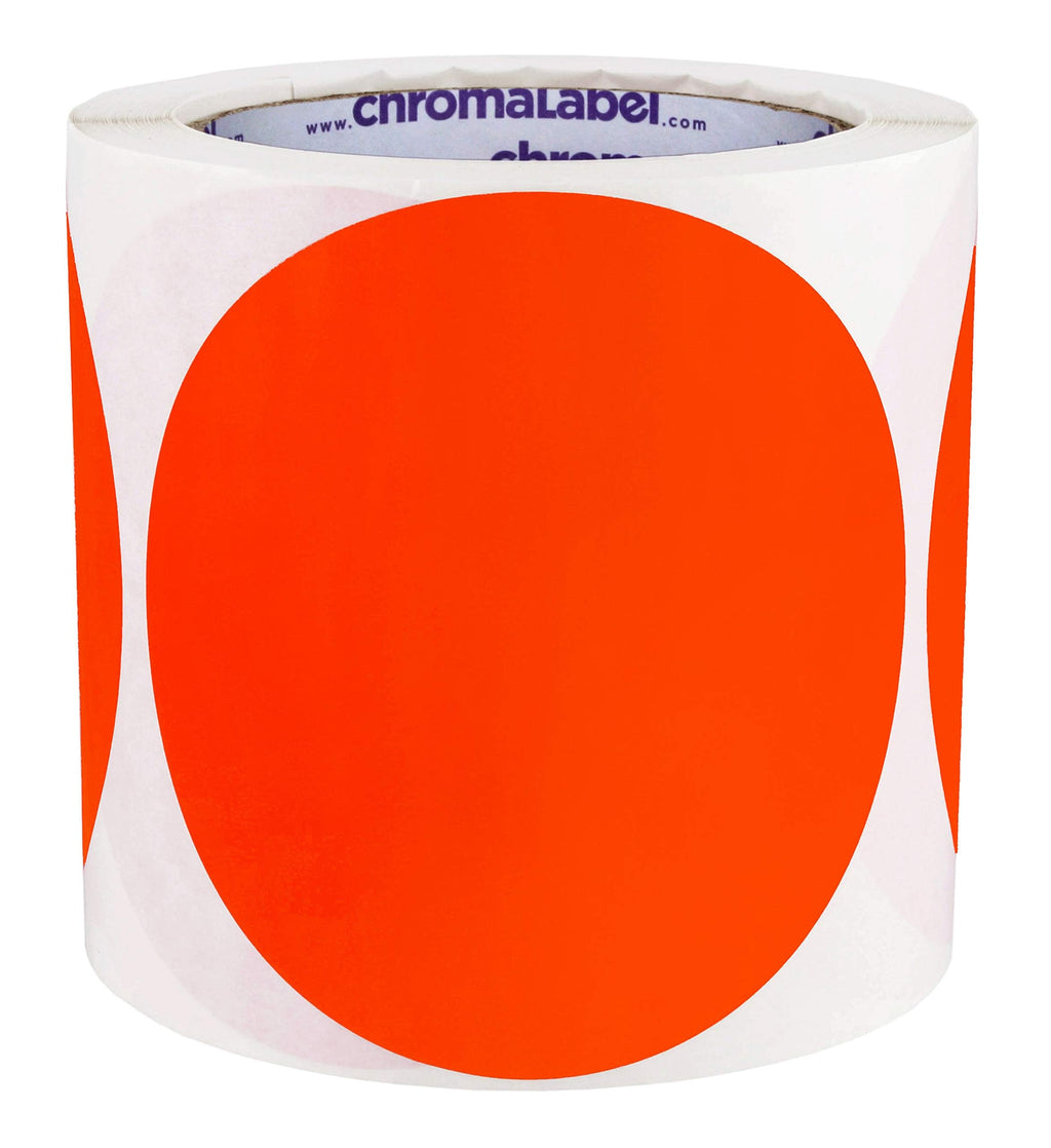 ChromaLabel 4 Inch Large Fluorescent Red Orange Dot Stickers, 250/Roll 4"
