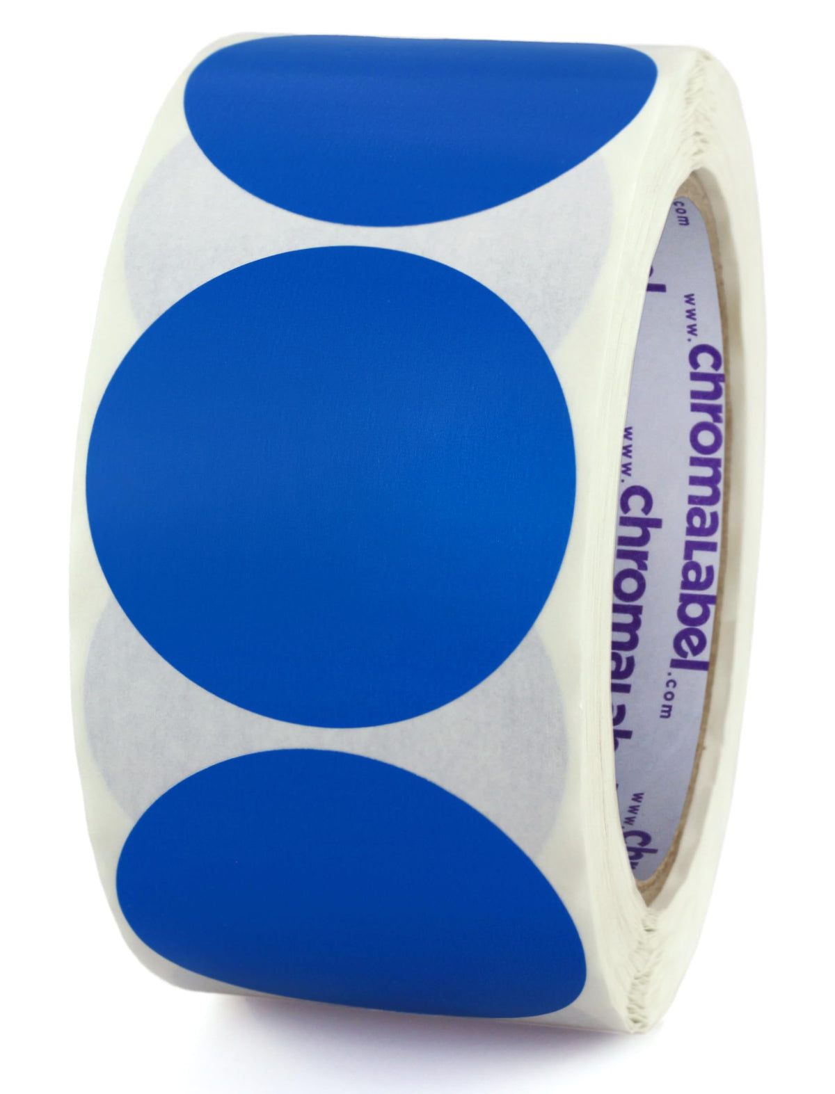 Dark blue ChromaLabel 2-inch round removable color code dot stickers for warehouse inventory, high visibility, 500 labels per roll.
