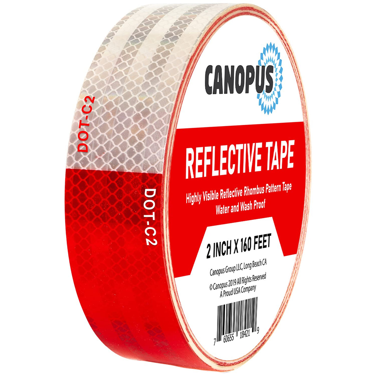 CANOPUS DOT-C2 Reflective Tape 2" x 160 ft – High Visibility Red/White Adhesive Roll for Vehicle, Trailer, Truck, Boat, RV Safety – Waterproof Conspicuity Reflector Strip 2in x 160ft