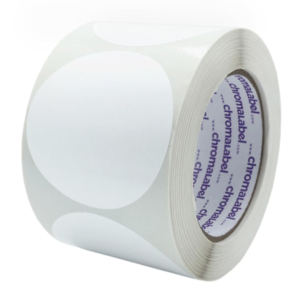 White ChromaLabel 3-inch round removable color code dot stickers for warehouse inventory, high visibility, 500 labels per roll.