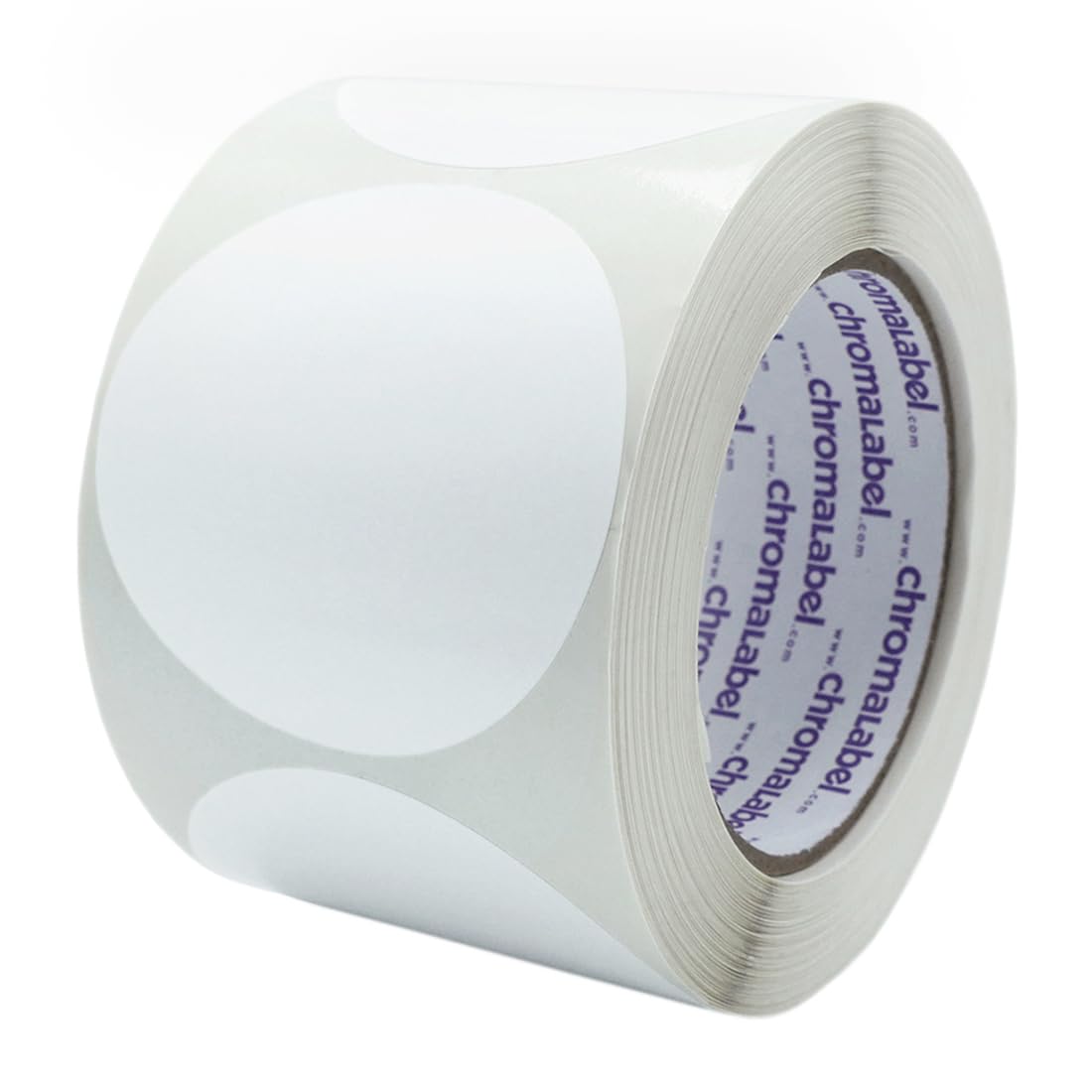 White ChromaLabel 3-inch round removable color code dot stickers for warehouse inventory, high visibility, 500 labels per roll.