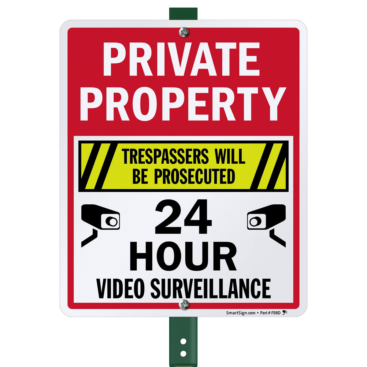SmartSign 12" x 10" 'Private Property Trespassers Prosecuted, 24 Hour Video Surveillance' Yard Sign with 3 ft Stake, 40 mil Aluminum 3M Laminated Engineer Grade Reflective Material Reflective Aluminum Sign with 3' Stake