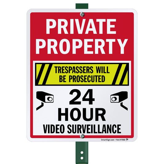 SmartSign 12" x 10" 'Private Property Trespassers Prosecuted, 24 Hour Video Surveillance' Yard Sign with 3 ft Stake, 40 mil Aluminum 3M Laminated Engineer Grade Reflective Material Reflective Aluminum Sign with 3' Stake
